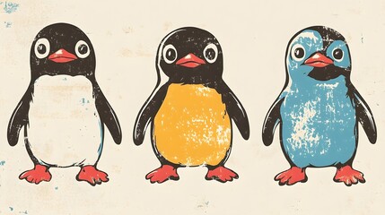 Fototapeta premium Digital illustration depicts three stylized, cartoon penguins in black, yellow, and blue, with textured effects.