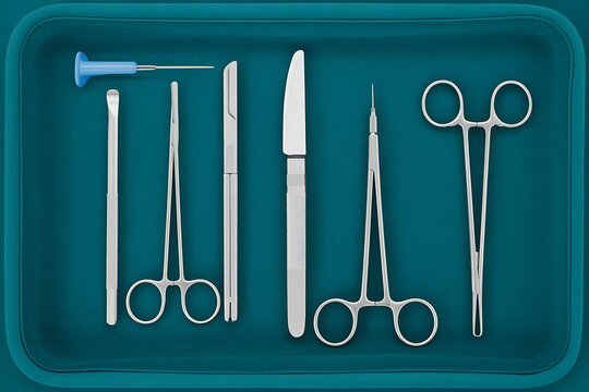 A collection of surgical instruments including forceps, scalpels, and scissors, laid out neatly on a sterile blue surgical drape, ready for a medical procedure