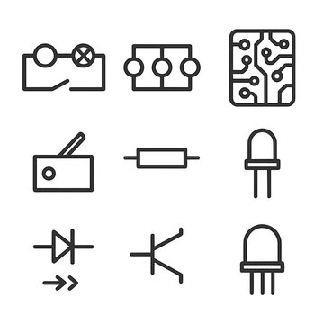 Electric Circuit Icons. Outline icon set of electric circuits: series circuit, parallel circuit, circuit board, microchip, switch,