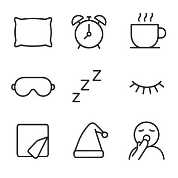 Sleepy Icons Grid. Outline icon set of sleepiness cues: bed pillow, alarm clock, coffee cup, sleep mask, snooze button, droopy