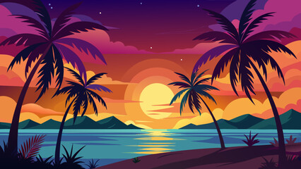Vector art of vibrant sunset over the ocean with palm trees silhouetted against a colorful sky, reflecting on the calm water, evoking a tropical paradise