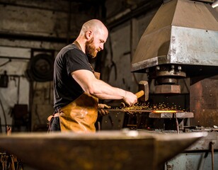 Side view of a bald, muscular blacksmith with a beard hammering a glowing metal rod, surrounded by sparks in a workshop.