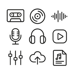 Music Icons Outline. Outline icon set of genre-blending recording symbols: cassette tape, vinyl record, digital waveform, podcast