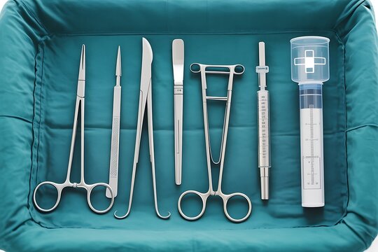 A set of various surgical instruments, such as forceps, scalpels, and clamps, arranged on a green surgical cloth, signifying a sterile medical environment