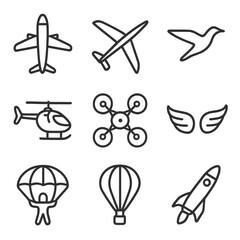 Aviation Icons Set. Outline icon set of flight: airplane, glider, seagull, helicopter, drone, wings, skydiver, balloon, rocket.