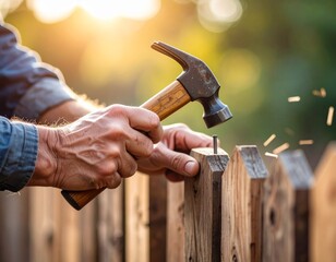 Man building a wooden fence with a hammer and nails.