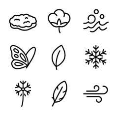 Softness Icon Set. Outline icon set of softness in nature: moss patch, cotton flower, sea foam, butterfly wing, soft leaf,