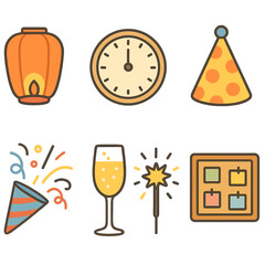Fototapeta premium New Year Icons. Flat vector mini-illustrations unique New Year traditions in colors children's illustrations: paper lantern,