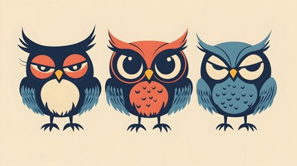 Fototapeta premium Digital illustration of three stylized, cartoon owls with expressive, angry faces.