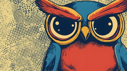 Digital illustration of an owl with exaggerated, angry eyes against a comic-style background.