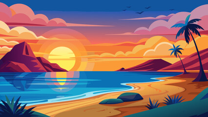 Vector art of a breathtaking tropical beach sunset with vibrant colors reflecting on the calm ocean, featuring palm trees and distant mountains