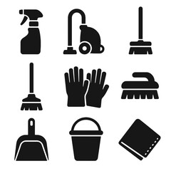 Cleaning Essentials Icons. Solid, filled icons set of Speed cleaning essentials: spray bottle, vacuum cleaner,