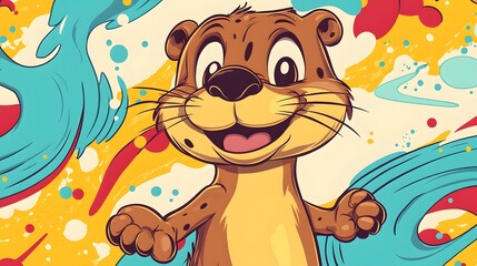 Obraz premium Digital illustration of a smiling otter surrounded by colorful vinyl records and splatter effects.
