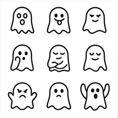 Ghost Emotions Icons. Outline icon set of ghost emotions and reactions: frightened, playful, angry, curious, mysterious, peaceful,