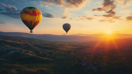 Obraz premium Two hot air balloons flying over a landscape during sunset.