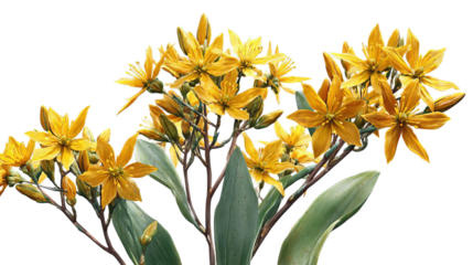 PNG of Vibrant bouquet of yellow flowers featuring elongated petals and lush green leaves, symbolizing joy and positivity.