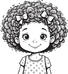 Joyful Illustration: A black and white illustration of a cheerful little girl with curly hair and bows, evoking happiness.