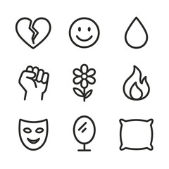 Emotional Icon Set. Outline icon set of emotional objects: broken heart, smiley face, tear drop, clenched fist, flower (peace),