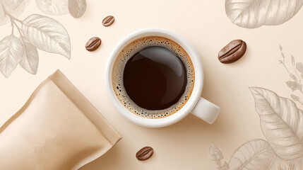 A 3D white coffee cup filled with dark coffee, The coffee has a visible crema. vintage-style, hand-drawn illustrations of coffee beans and leaves.  light beige background ,Minimalist.