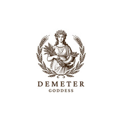 vintage engraving of Demeter, the Greek goddess of agriculture and harvest, depicted with wheat and classical adornments