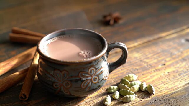 Hot spiced tea beverage with cinnamon sticks and cardamon pods.