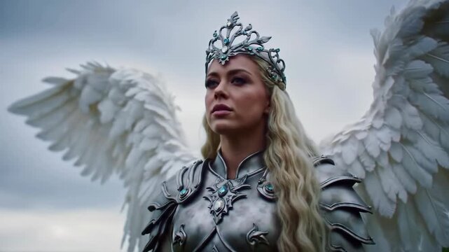 Woman in armor with wings and crown looking up to the sky