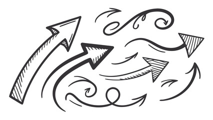 Collection of hand drawn sketch arrows pointing in different directions with decorative swirls and lines