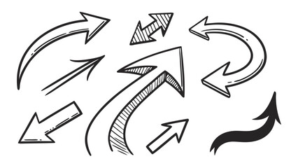 Collection of hand drawn doodle arrows pointing in various directions with different styles and shading on a white background