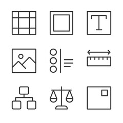 Graphic Layout Icons. Outline icon set of graphic layout composition: grid system, margin guide, typography block, image