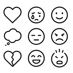 Fototapeta premium Emotional Icon Grid. Outline icon set of inner space emotions: heart, tears, smile, anger, calm face, thought bubble, broken heart