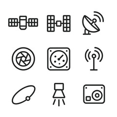 Fototapeta premium Spy Satellite Icon Set. Outline icon set of spy satellite components: satellite body, solar panels, antenna dish, camera lens,