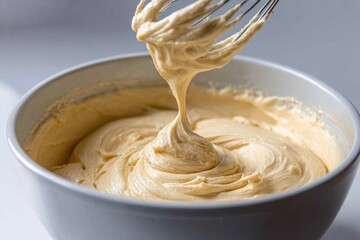 Whisk dripping cake batter into a mixing bowl, creating delicious desserts