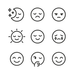 Emotional Moon Icons. Outline icon set of moon and emotions: dreamy moon, sad moon, happy moon, mysterious moon, glowing moon,