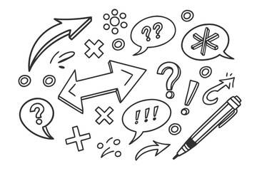 Hand drawn doodle collection of arrows question marks exclamation points and a pen symbolizing ideas and communication