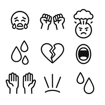 Emotional Meltdown Icons. Outline icon set of emotional meltdown: crying face, clenched fists, exploding head, sweat drops, broken