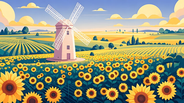 Sunflower field with windmill