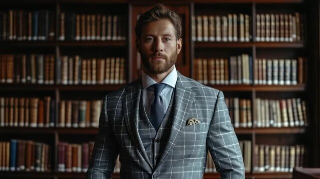 Elegant man in tailored suit stands thoughtfully among rows of vintage books in a grand library