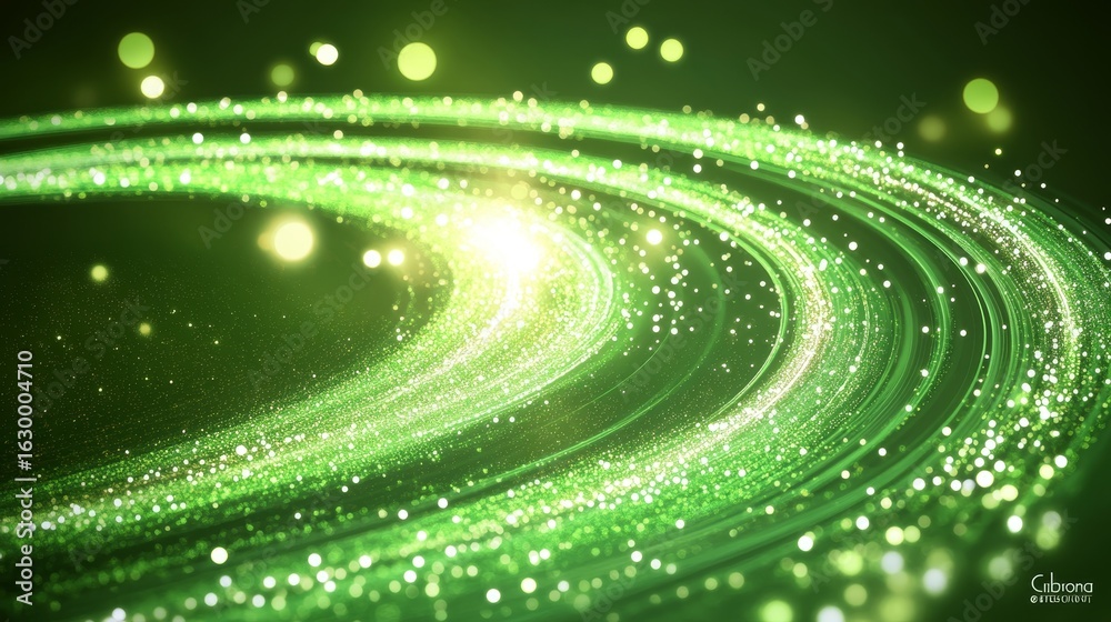 Canvas Prints vibrant green abstract swirl with glowing particles and bokeh background for festive celebrations