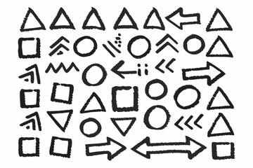 Collection of hand drawn geometric shapes including triangles squares circles and arrows with a rough textured outline on a white background