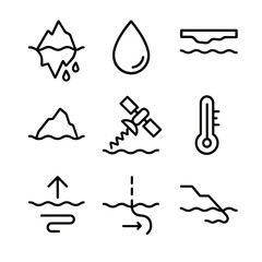 Polar Ice Melt Icons. Outline icon set of polar ice melt indicators: melting iceberg, dripping water droplet, receding ice edge,