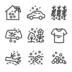 Hail Damage Icons. Outline icon set of hail damage: broken roof, dented car, damaged crops, cracked windshield, smashed garden,