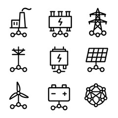 Energy Grid Icons. Outline icon set of energy grid nodes: power plant node, substation node, transmission node, distribution node,