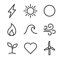 Energy Transformation Icons. Outline icon set of energy transformation: lightning bolt, solar flare, glowing orb, burning flame,