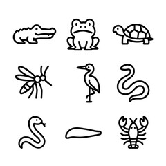 Naklejka premium Swamp Creatures Icons. Outline icon set of swamp creatures: alligator, frog, turtle, mosquito, heron, snake, leech, salamander,