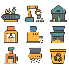 Recycling and Energy Icons. Flat vector mini-illustrations material recovery and recycling tech in colors children's illustrations