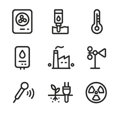 Fototapeta premium Environmental Monitoring Icons. Outline icon set of environmental monitoring: air quality sensor, water quality test, temperature