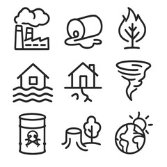 Environmental Warning Icons. Outline icon set of environmental warnings: pollution, oil spill, wildfire, flood, earthquake,