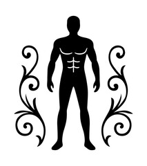 Silhouette of muscular male body with decorative floral swirl elements on both sides