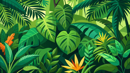 Vector art of lush and vibrant jungle foliage with diverse tropical plants and leaves, including a bright orange flower, creating a dense and exotic natural background