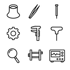 Fototapeta premium Horology Tools Icon Set. Outline icon set of horology tools: loupe, tweezers, tiny screwdriver, gear wheel, calibration tool, case